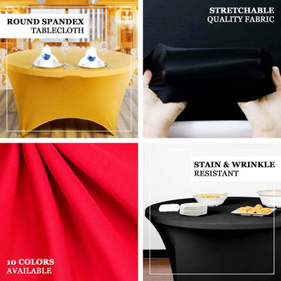 Round spandex tablecloth in various colors, stretchable, stain and wrinkle resistant.