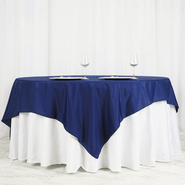 Elevate Your Event Decor with a Navy Blue Square Seamless Polyester Table Overlay