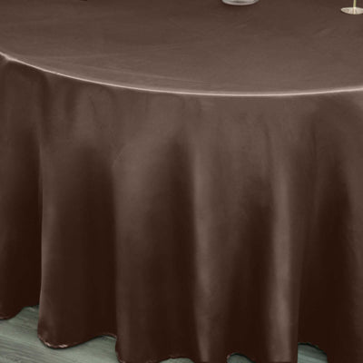Brown round tablecloth on a table with a smooth finish.