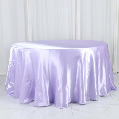 Lavender satin round tablecloth on a plain background