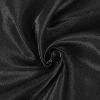 Black satin fabric with a smooth texture, ideal for elegant designs.