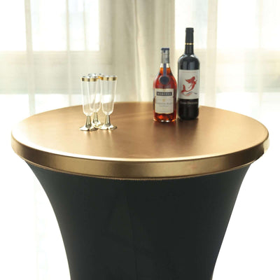 Elegant high-top table with gold trim and drinks, perfect for events.