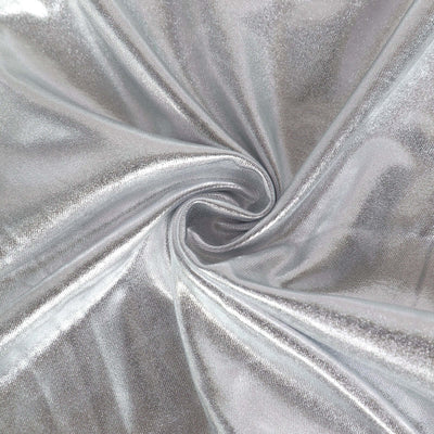 Shiny silver fabric with a smooth, flowing texture.