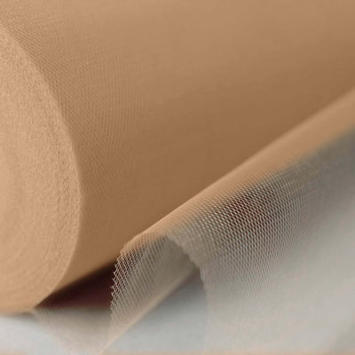 Beige tulle fabric roll with soft texture and gradient detail.