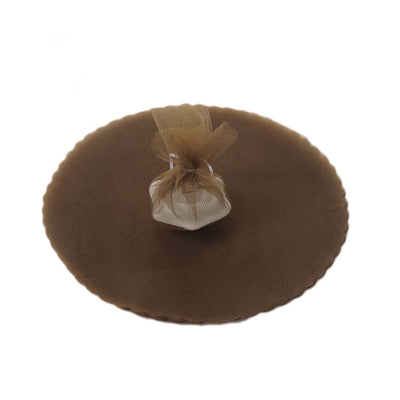 Brown decorative mesh with a tied gift pouch on a round base.