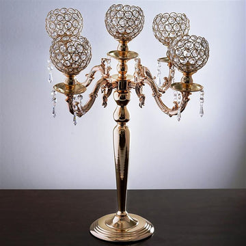 Gold Crystal Beaded Globe Metal Candelabra Candle Holder 25" Tall 5 Arm