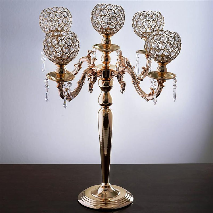 Gold Crystal Beaded Globe Metal Candelabra Candle Holder 25 Inch Tall 5 Arms