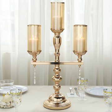 23" Tall 3 Arm Gold Metal Pillar Candle Stand, Votive Candelabra With Hanging Clear Crystal Pendants