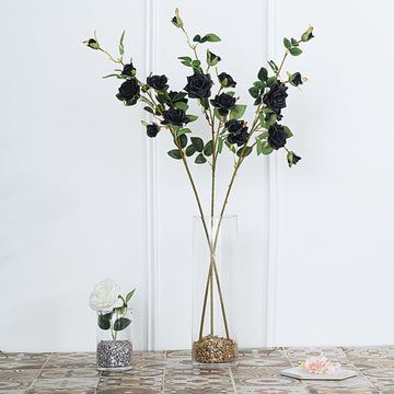 2 Stems Black Artificial Silk Rose Flower Bouquet Bushes 38" Tall