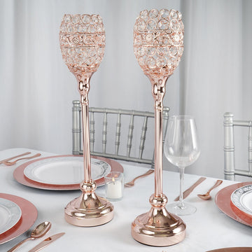 Elegant Rose Gold Metal Goblet Acrylic Crystal Votive Candle Holder Set