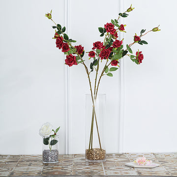 2 Stems Burgundy Artificial Silk Rose Flower Bouquet Bushes 38" Tall