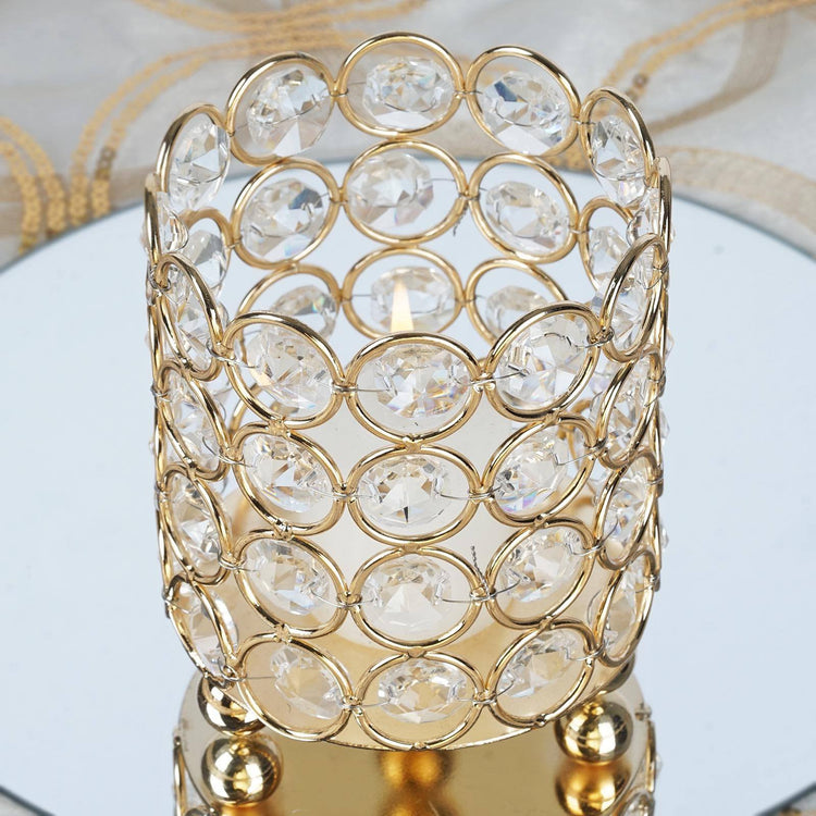 Gold Metal Tealight Candle Holder With Crystal Beads 4 Inch Tall