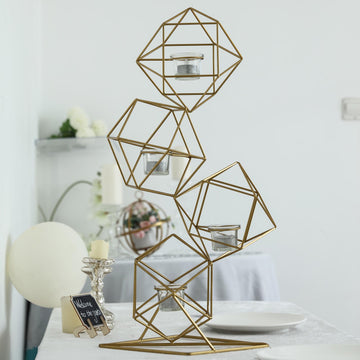 Gold Linked Geometric Tealight Candle Holder Set With Votive Glass Holders 25" Tall