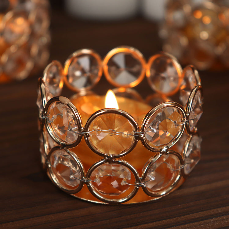 1.5 Inch Gold Metal Crystal Beaded Tea Light Candle Holders 6 Pack