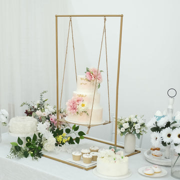 3ft Tall Gold Metal Hanging Dessert Display Centerpiece with Jute Rope, Cake Stand Swing