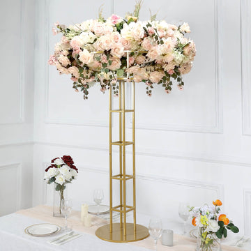 46" Tall Gold Metal Large Open Frame Floral Riser Wedding Centerpiece, Grand Halo Top Flower Display Stand Pedestal