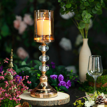 Gold Metal Pillar Candle Holder With Hurricane Glass Tube and Crystal Globes 17" Tall