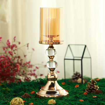 Gold Metal Pillar Candle Holder With Hurricane Glass Tube 15" Tall