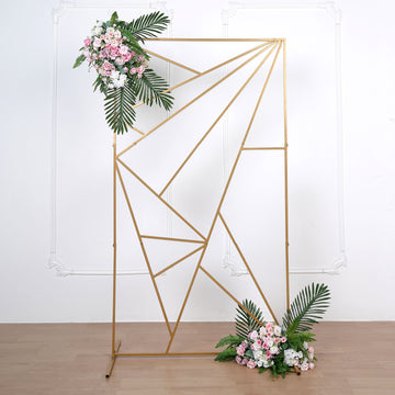 Gold Metal Rectangular Geometric Wedding Backdrop Floor Stand, Flower Frame Prop Stand With Cloudy Film Insert 6ft Tall