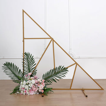 Gold Metal Triangular Geometric Wedding Backdrop Floor Stand, Flower Frame Prop Stand With Cloudy Film Insert 3ft Tall