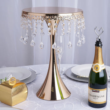 17" Tall Gold Metal Trumpet Cake Stand Pedestal, 11" Round Cake Riser With 30 Acrylic Crystal Chains