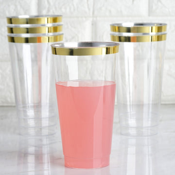 12 Pack Tall Gold Rim Clear Plastic Cups, Disposable Party Glasses 17oz