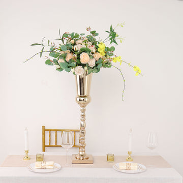 27" Tall Gold Trumpet Metal Flower Vase, European Style Centerpiece - Square Base