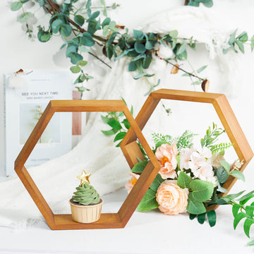 2 Pack | 9" Tall Hexagon Rustic Wood Centerpiece | Natural Geometric Terrarium | Honeycomb Storage Shelf