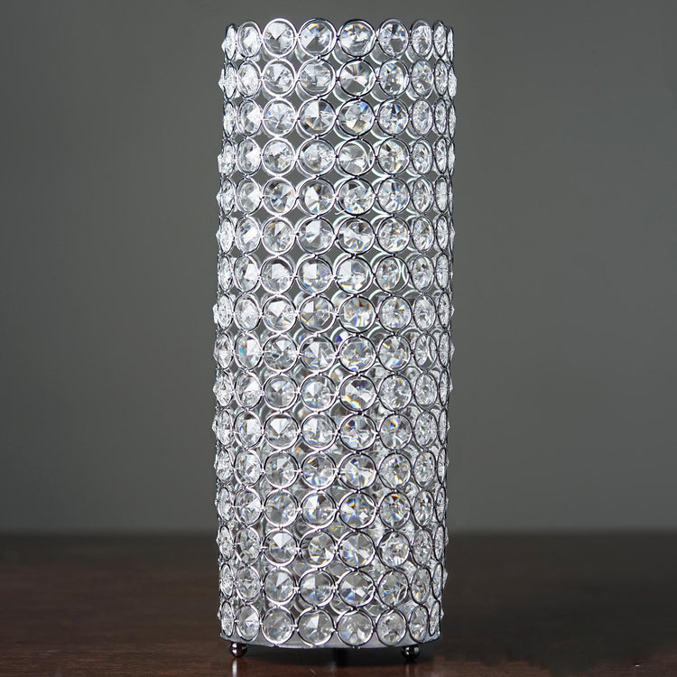 16 Inch Tall Full Crystal Beaded Pillar Candle Holder Stand In Silver Metal