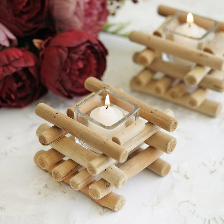 3 Inch Driftwood Tall Wooden Square Candle Holder with Glass Tea Light Holder