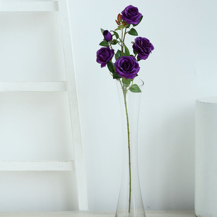 33 Inch Purple Rose Flower Silk Tall Artificial Bush Stems 2 Bouquets