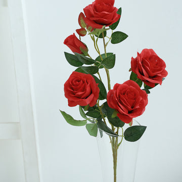 2 Bouquets Red Artificial Silk Rose Flower Bush Stems 33" Tall
