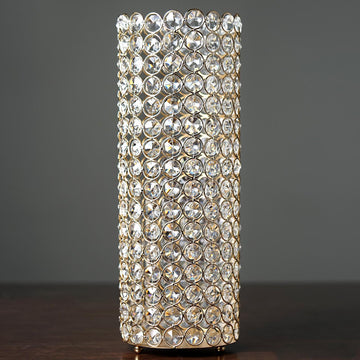 Shiny Gold Metal Full Crystal Beaded Pillar Candle Holder Stand 16" Tall
