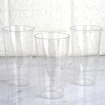 12 Pack Tall Silver Glitter Sprinkled Plastic Cups, Disposable Party Glasses 17oz