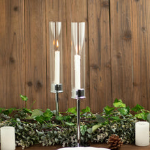 16 Inch Silver Metal Taper Candle Holders With Tall Clear Glass Hurricane Shades
