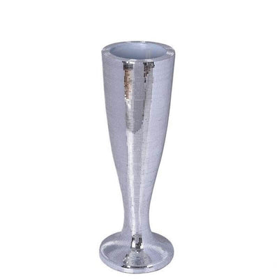 Silver disco vase with a shiny mirror finish, perfect for modern decor.