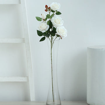 2 Bouquets White Artificial Silk Rose Flower Bush Stems 33" Tall