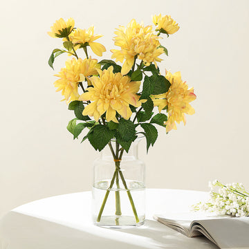 Yellow Artificial Dahlia Silk Flower Stems, Faux Floral Spray 30" Tall