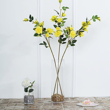 2 Stems Yellow Artificial Silk Rose Flower Bouquet Bushes 38" Tall