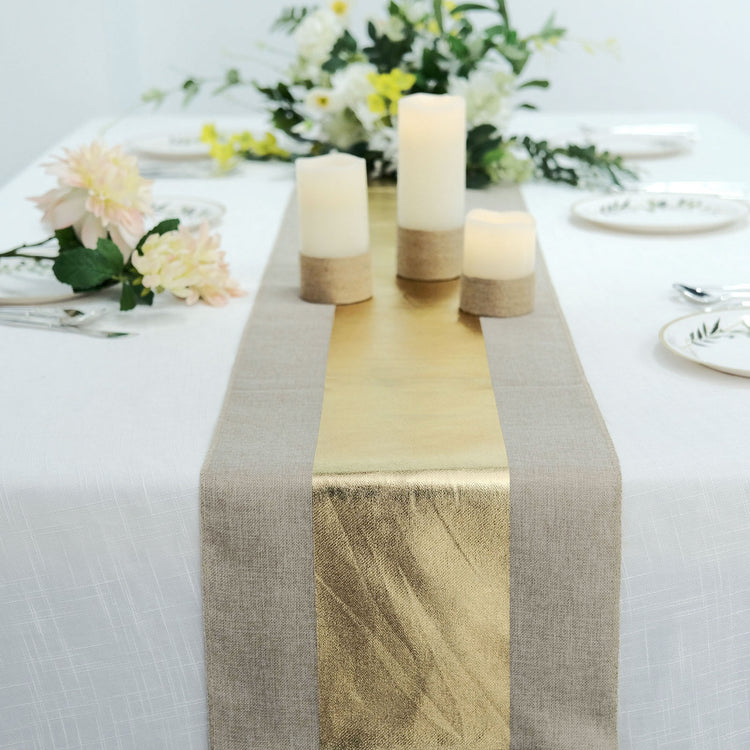 12x108 Inch Taupe Polyester Burlap Table Runner With Gold Foil Design