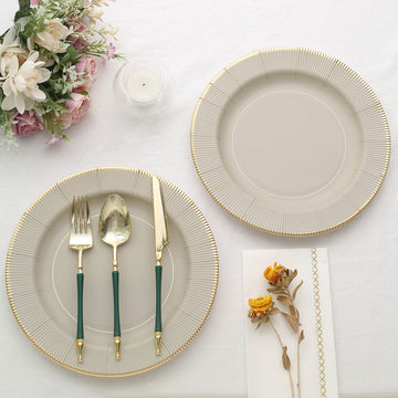 25 Pack Taupe Gold Rim Sunray Heavy Duty Paper Dinner Plates, Disposable Party Plates 350 GSM 10"