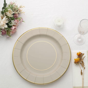 25 Pack | 13" Taupe Gold Rim Sunray Heavy Duty Paper Serving Plates, Disposable Charger Plates - 350 GSM