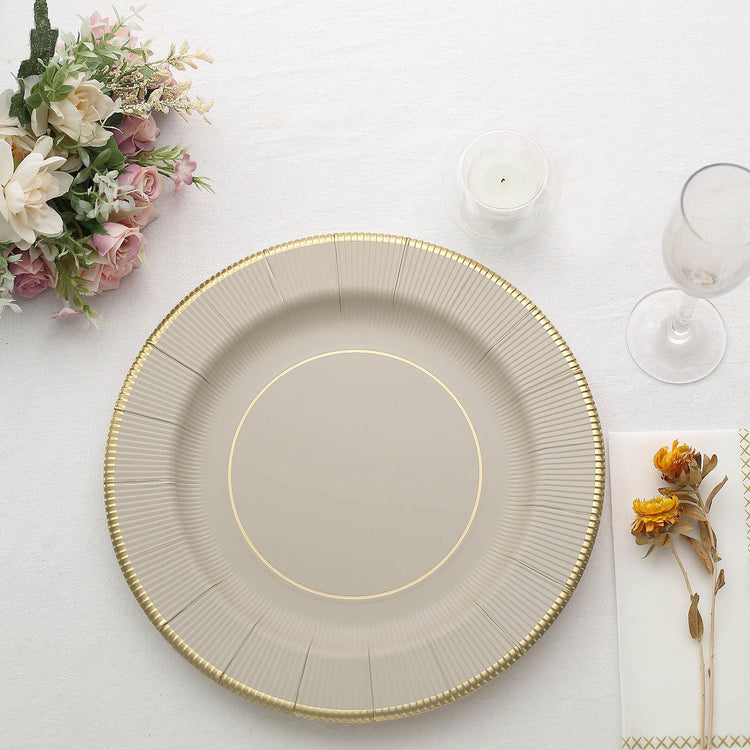 25 Pack | 13inch Taupe Gold Rim Sunray Heavy Duty Paper Serving Plates