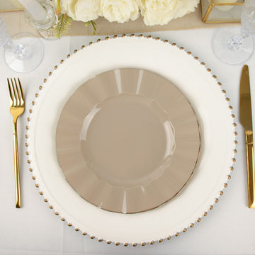 10 Pack | 9" Taupe Hard Plastic Dinner Plates with Gold Ruffled Rim, Heavy Duty Disposable Dinnerware