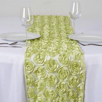 Tea Green Lace Table Runner With Rosette Flowers 12"x108"