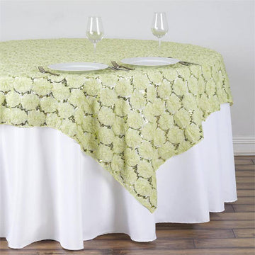 Tea Green Satin 3D Blossoms Sequin Lace Square Table Overlay 72"x72"