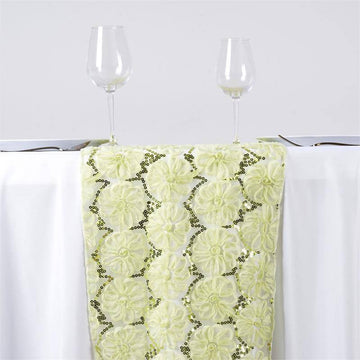 Tea Green Sequin Studded Floral Tulle Table Runner 12"x108"