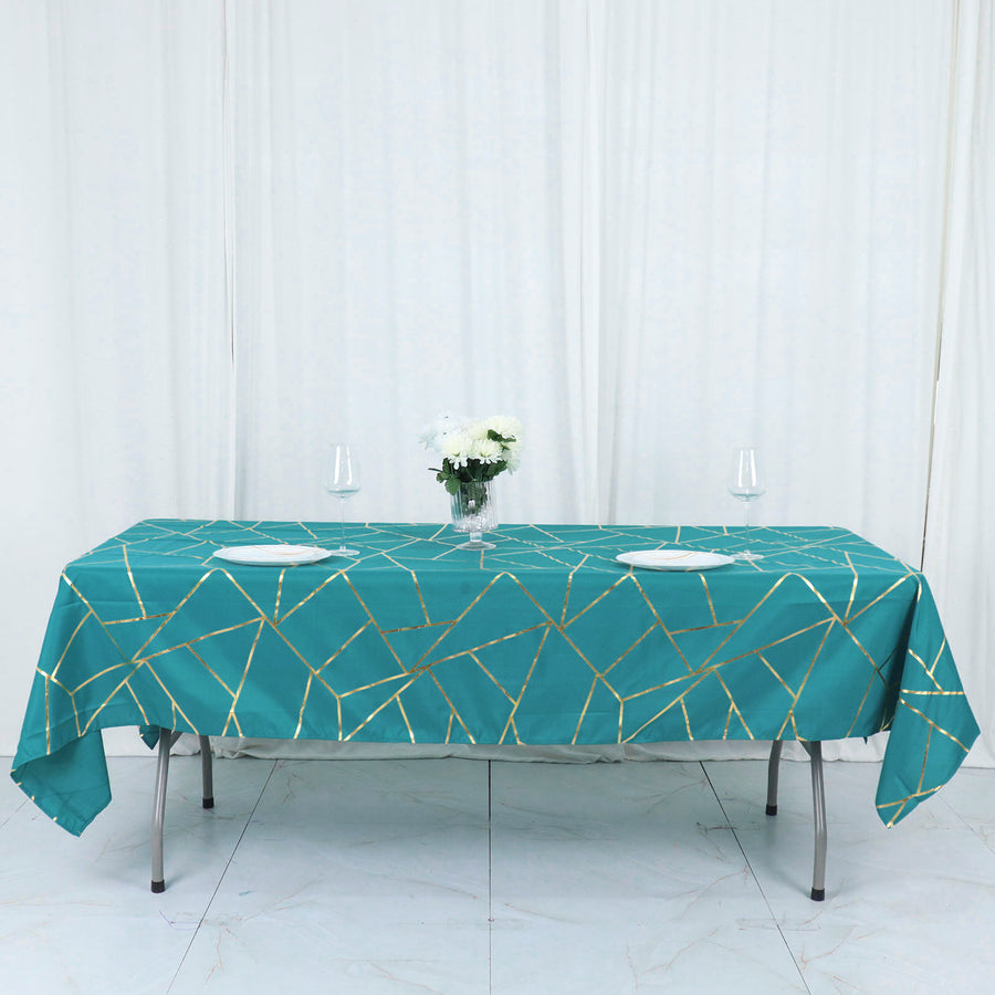 60 Inch x 102 Inch Peacock Teal Rectangle Polyester Tablecloth with Gold Foil Geometric Pattern