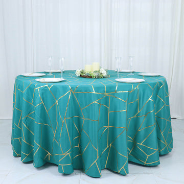 120" Teal Seamless Round Polyester Tablecloth With Gold Foil Geometric Pattern