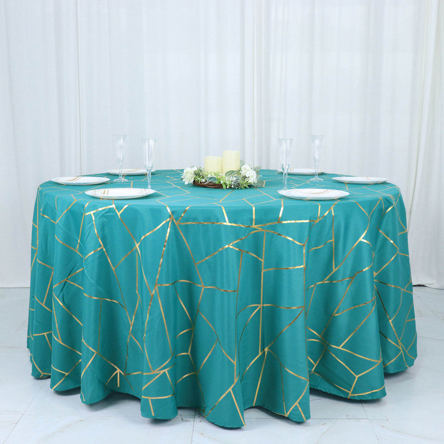 120 Inch Peacock Teal Round Polyester Tablecloth with Gold Foil Geometric Pattern